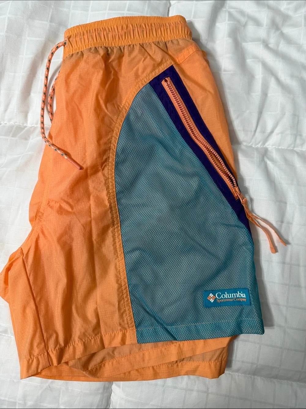 Columbia Peach Orange Shorts with Teal Mesh and Purple Trim